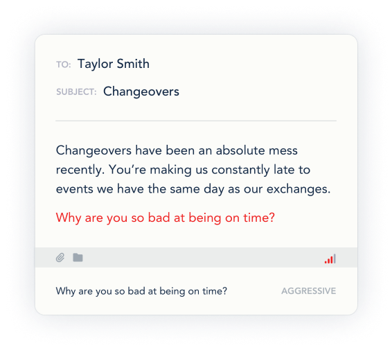 Example of feedback from the ToneMeter™ tool while writing a message, flagging the statement "Why are you so bad at being on time?" as aggressive.