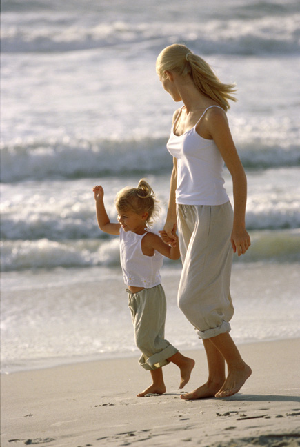 Daughter walking down beach with mother