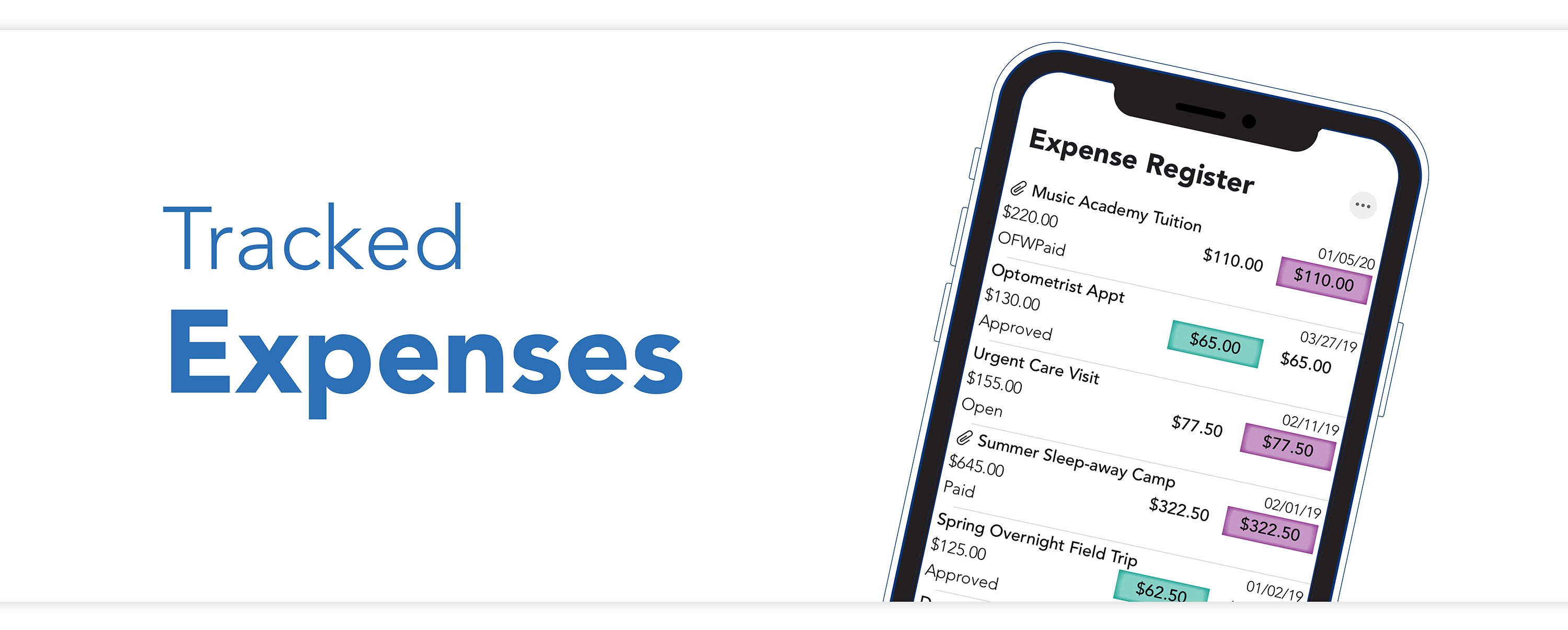 Track expenses, send payments, upload receipts in the expense register on the OFW co-parenting app.