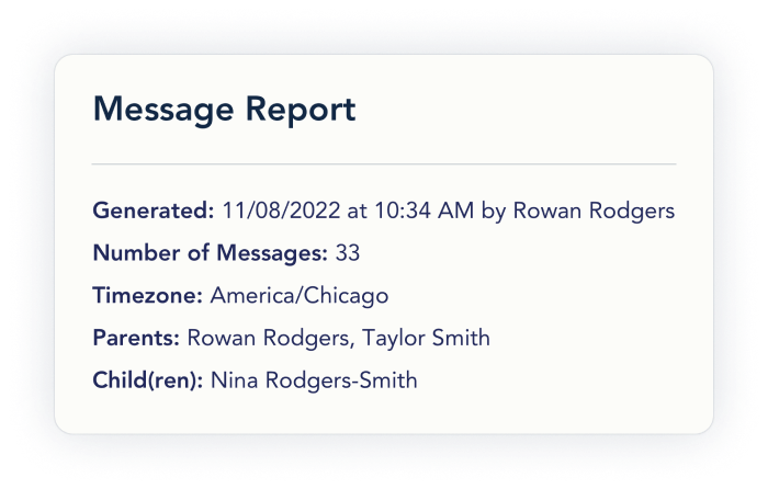 Example header of a messaging report that shows the number of messages, when it was generated, family details, and more.