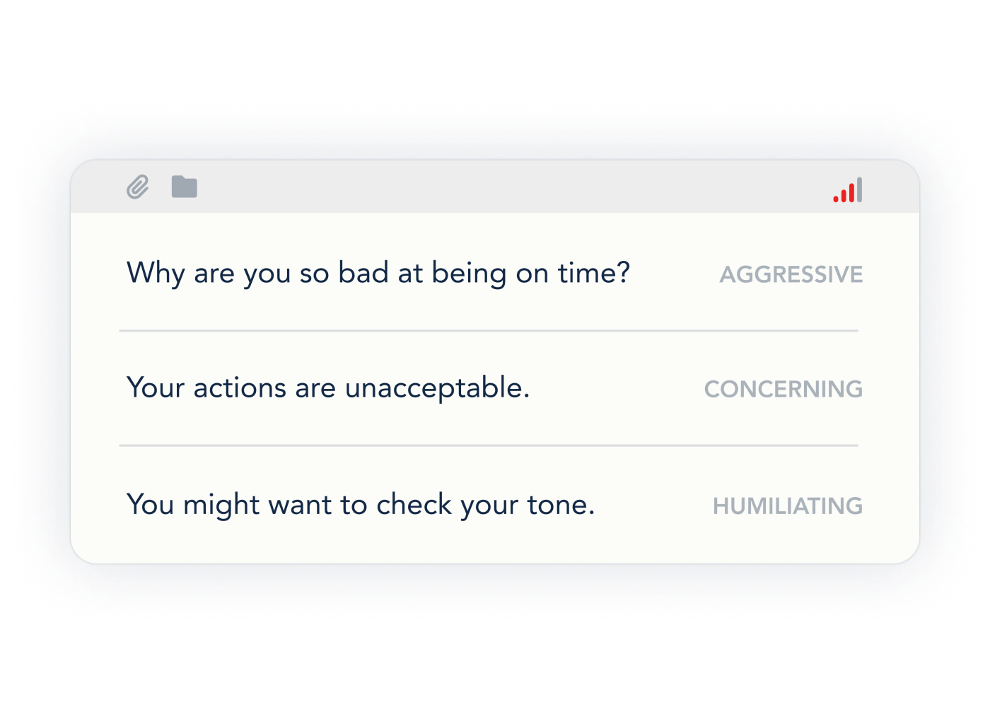 Image of three examples of responses from ToneMeter on OurFamilyWizard