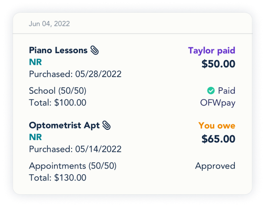 Example expense log on OurFamilyWizard