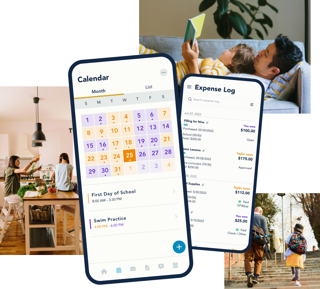 OurFamilyWizard app displaying the Calendar and Expense Log