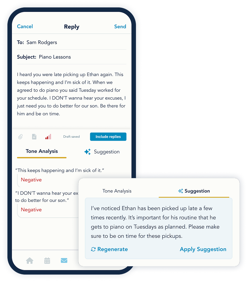 Example of the user experience of ToneMeter AI in the OurFamilyWizard app providing tone analysis and an AI-generated message rewrite suggestion