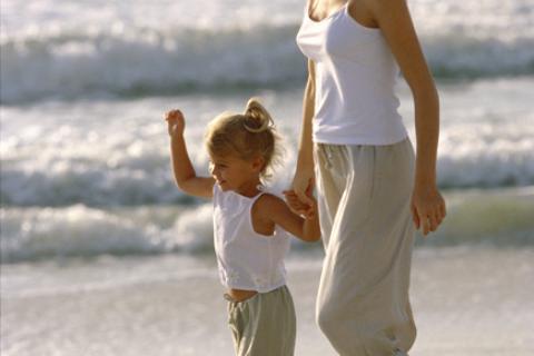 Daughter walking down beach with mother