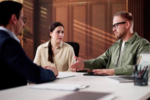 Man and woman meeting with mediator.