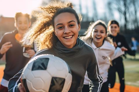 Teenage girl holding a soccer ball, smiling, surrounded by friends