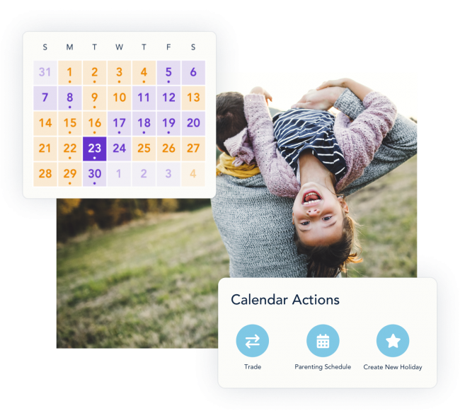 Picture of a month view of a calendar with color coded days depicting which parent has parenting time on which day.
