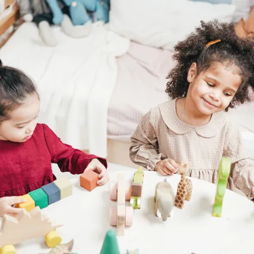 Two girls play with blocks together at a table.