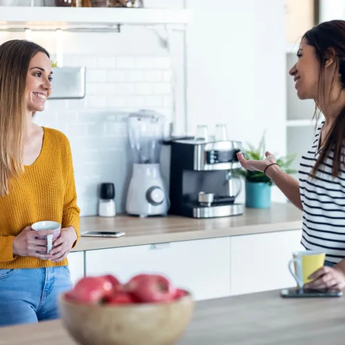 Two women talking in kitchen.