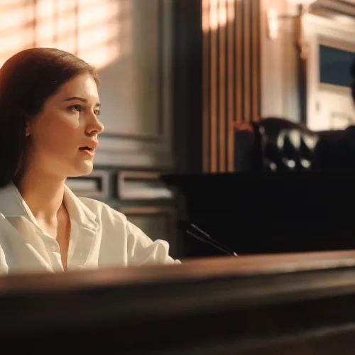 Woman in court with judge.