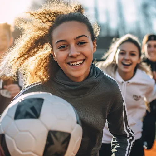 Teenage girl holding a soccer ball, smiling, surrounded by friends