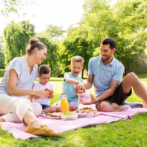 Two adults and two kids having a picnic. 