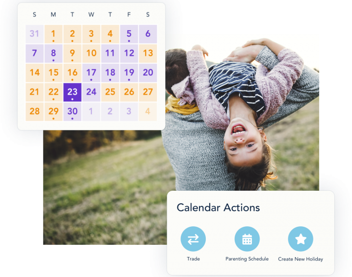 Picture of a month view of a calendar with color coded days depicting which parent has parenting time on which day.