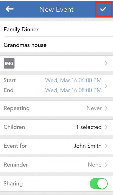 Hit the checkmark in the upper right hand corner of the app to save an event
