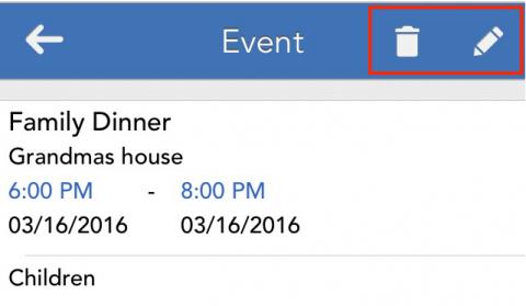 You'll find the delete and edit options in the upper right-hand corner when viewing an event on mobile