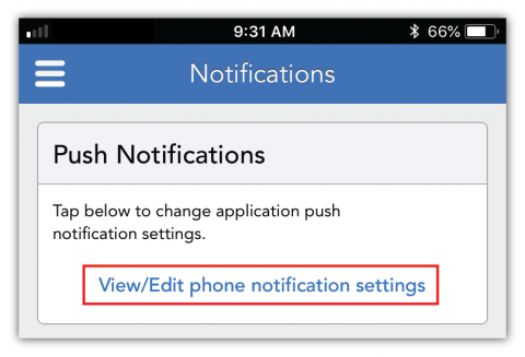 Tap the 'view/edit phone notification settings' link in the notifications section of the app to be brought to your push notifications settings for your iOS device.