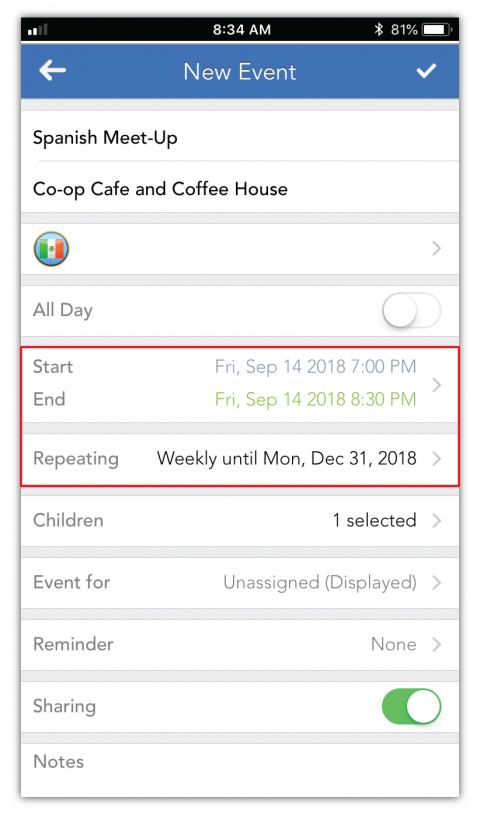 Screenshot of creating a new, repeating event through the OFW mobile app. Start and end date are the same, and repeating until field has been filled.