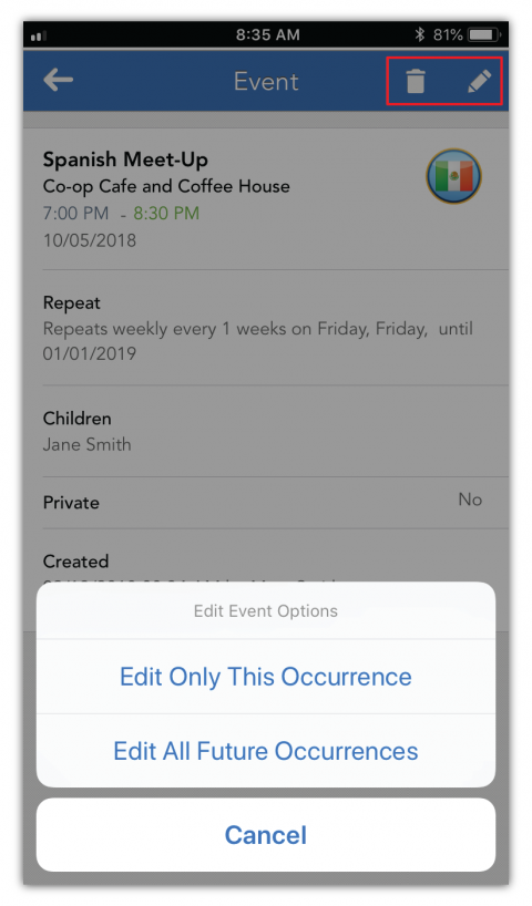 Screenshot of iOS app showing the options available when updating repeating events.