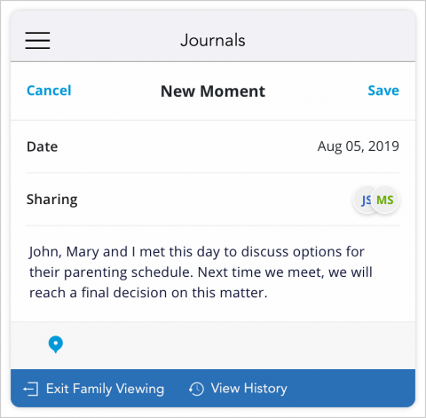 Practitioners with access to both parents in a family are able to create moment entries in the OFW journal.