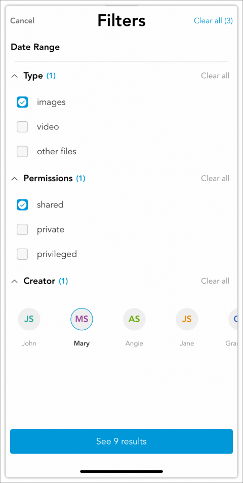 Filter your MyFiles to view only files that meet certain specifications.