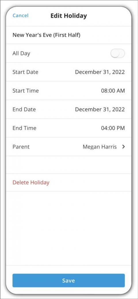 Edit or delete upcoming holidays from the Holidays tool in the OurFamilyWizard website.