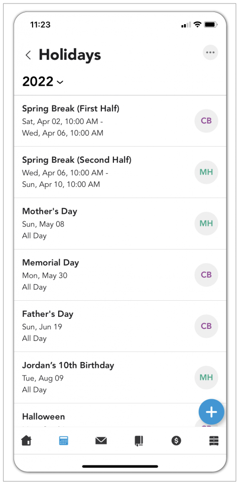View your list of existing holidays and create new holidays from the Holidays menu in the OurFamilyWizard mobile app.
