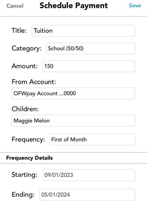 parents - mobile - scheduled payment