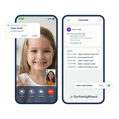Co-parents and children can stay connected through audio and video calling in the OurFamilyWizard app.