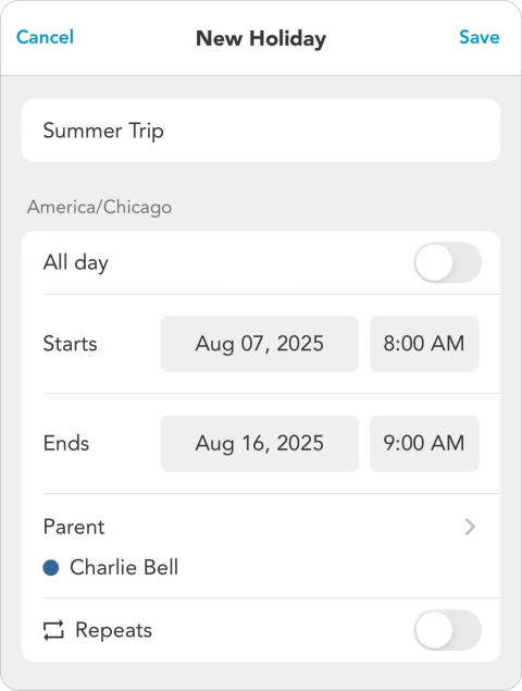 Screen where you create a holiday to your Calendar in the OurFamilyWizard app