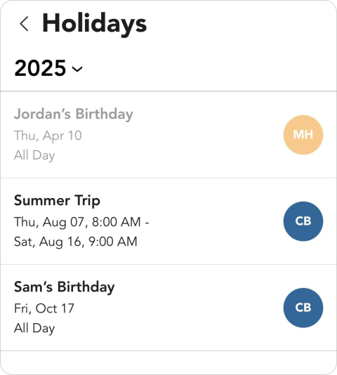 Screen to view holidays in your Calendar on the OurFamilyWizard app