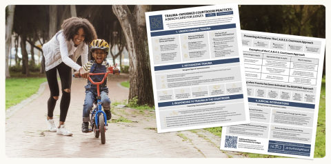 Image of a mother and young child riding a bike alongside an image of an NCJFCJ bench card