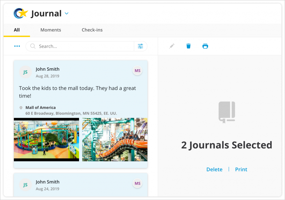 Select multiple entries directly from your journal feed to print them in a single report.