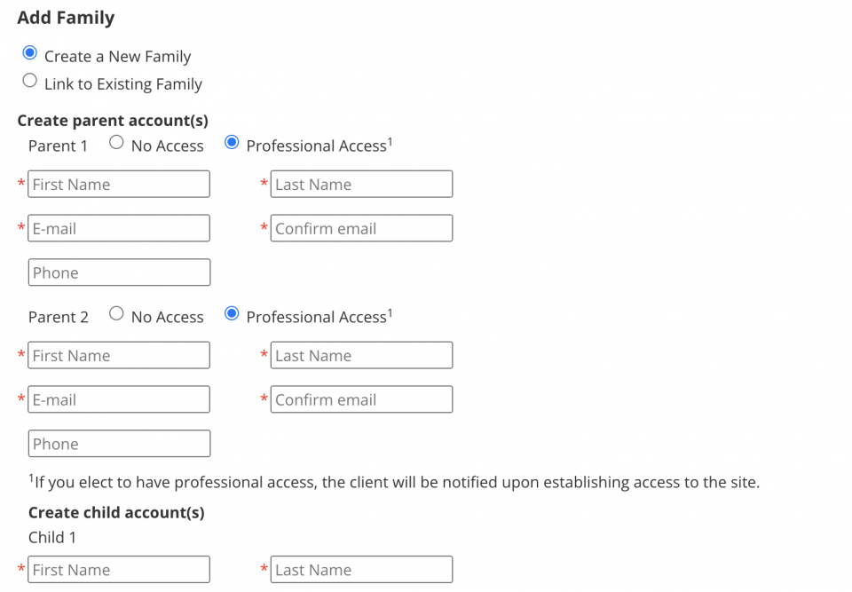 Practitioners complete this form to create new families on OurFamilyWizard.