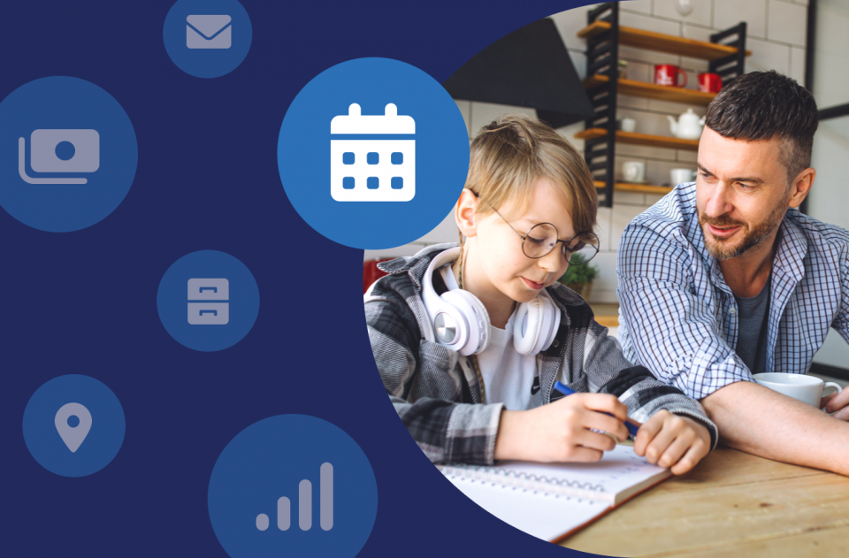 Icons representing OurFamilyWizard tools against a blue background next to a father and son doing homework at a table.