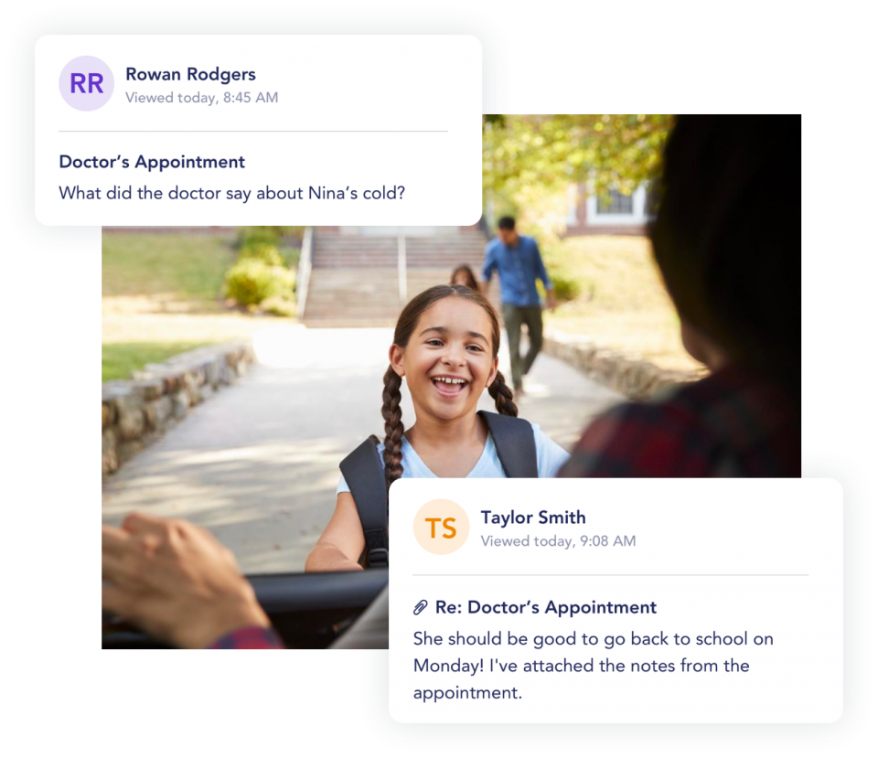 A girl wearing a backpack greets her mother at school pickup. Pop-up messages around her describe her recent doctor's appointment.