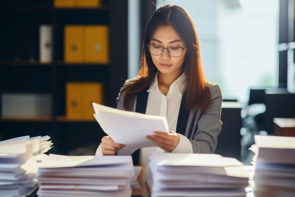 Woman at work, sitting at desk with many papers. 