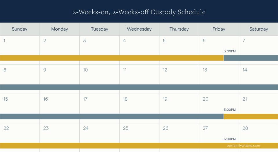 Month view of the two-week alternating custody schedule