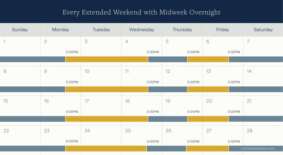 Example of an every other week custody schedule with a midweek overnight