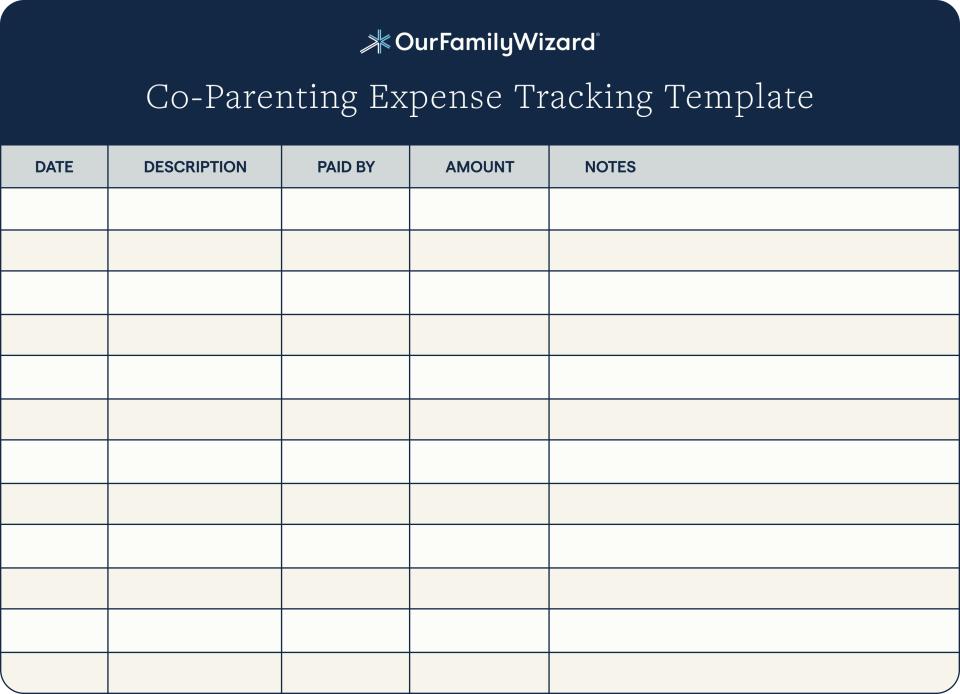 Image of a free, printable template for divorced parents to track shared expenses for their child
