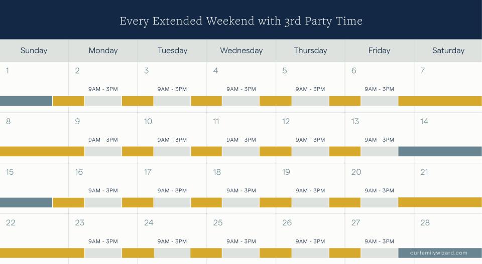 Example of a 70/30 alternating weekends with third party time calendar