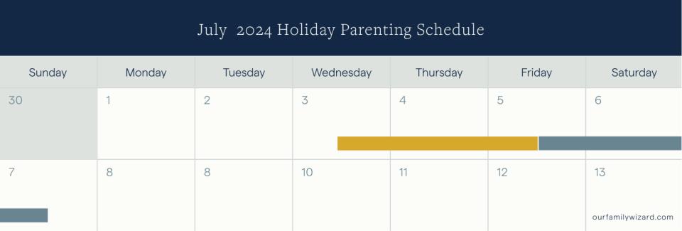 Example calendar of a holiday custody schedule over Fourth of July weekend