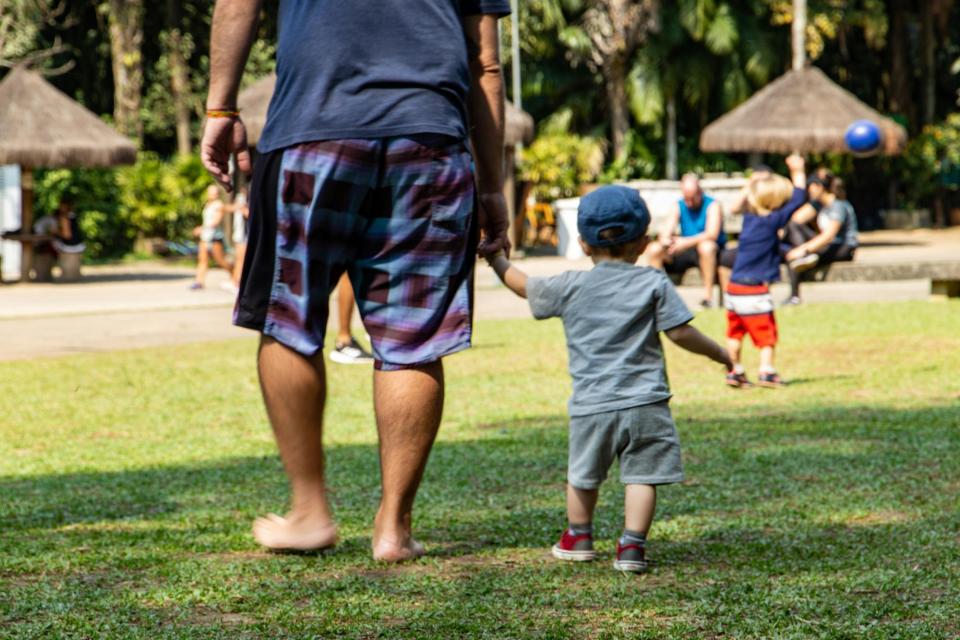 Dad and toddler son walking hand in hand across a park lawn