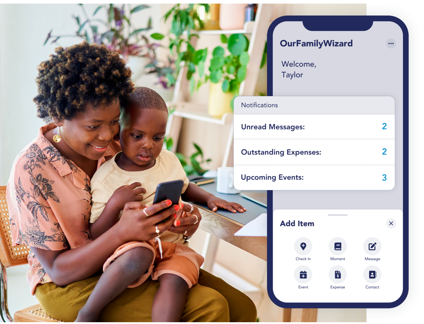 A parent and child view the OurFamilyWizard app on their phone.